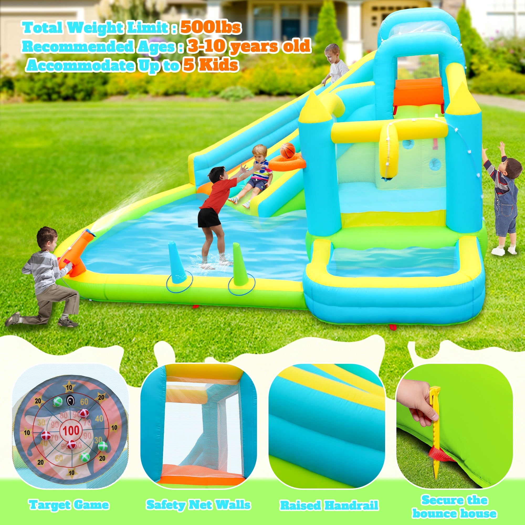 WELLFUNTIME Inflatable Water Slide for 5 Kids, Bounce House with Blower, Splashing Pool, Water Cannon, Water Park for Backyard Summer Fun