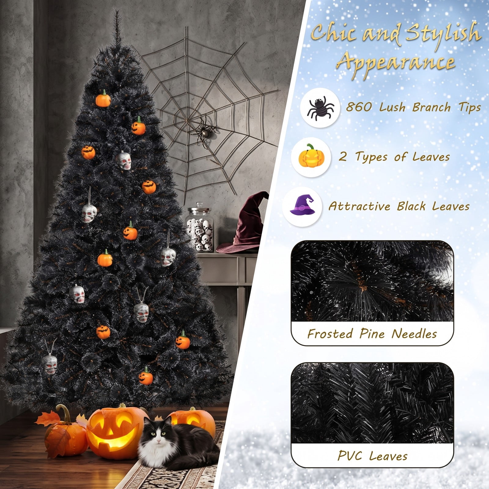 RUIE 6/7/8 FT Pre-Lit Black Artificial Christmas Halloween Tree with 210/320/450 Cool White LED Lights, PVC Hinged Branches, 3-Section Metal Base, Black