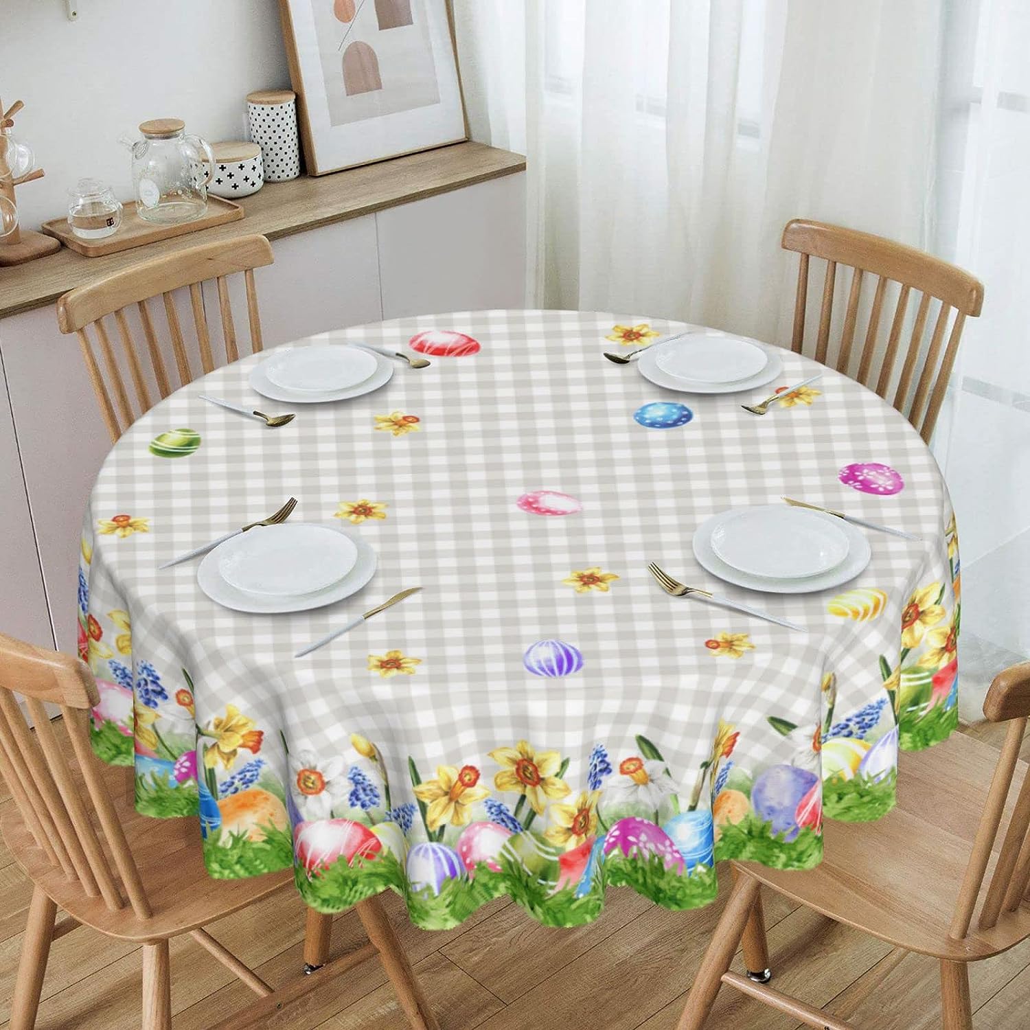 Easter Eggs Round Easter Tablecloth Spring Floral Easter Table Cloth