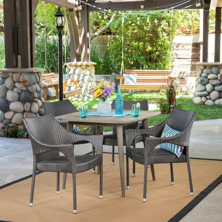Porto Outdoor 5 Piece Wood and Wicker Dining Set Gray Gray