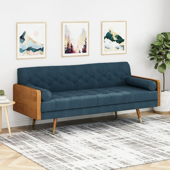 Noble House Nathanial Tufted Fabric Sofa, Navy Blue, Dark Walnut