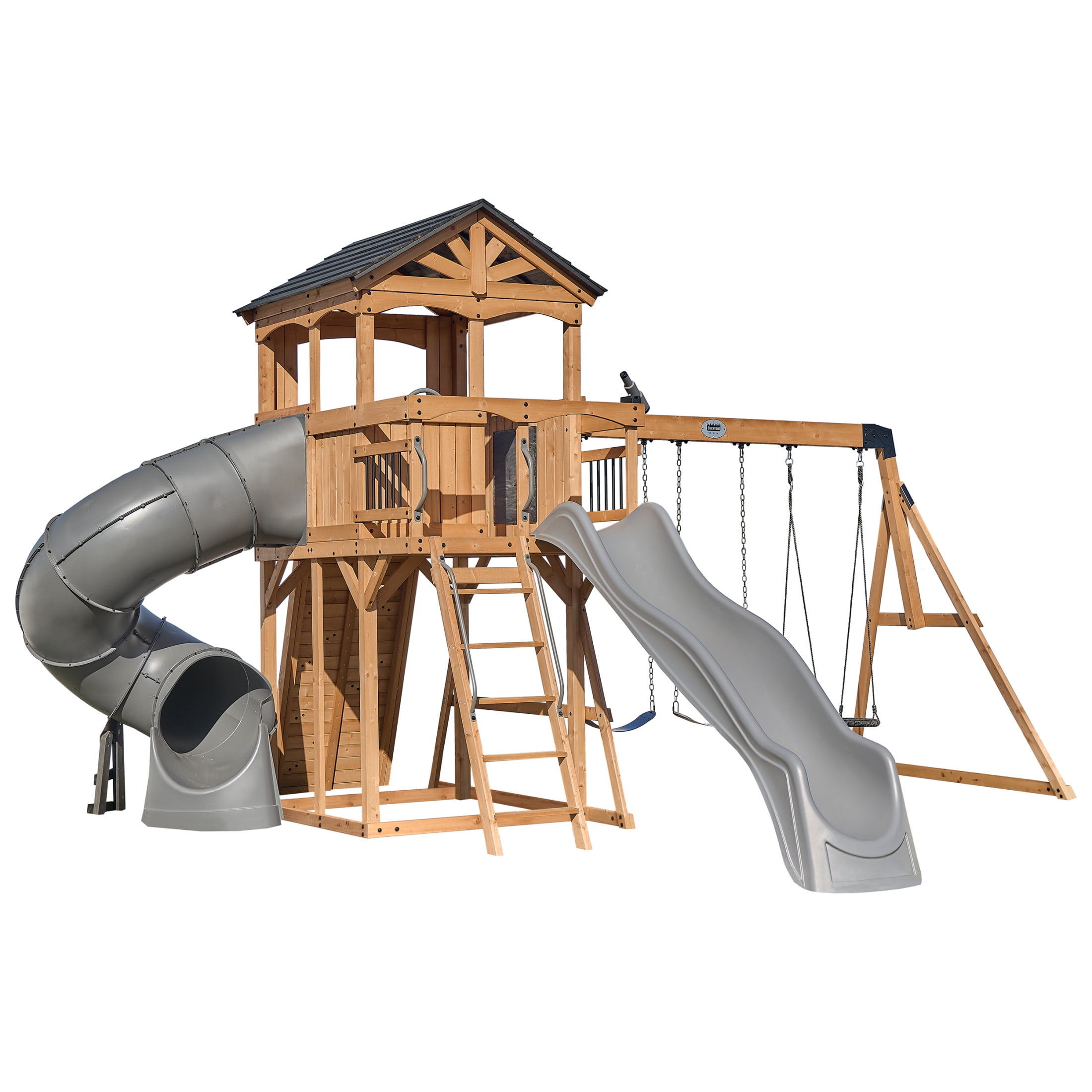 Backyard Discovery Dover Bay Spruce Swing Set, Tube Slide, Clubhouse, Rock Wall