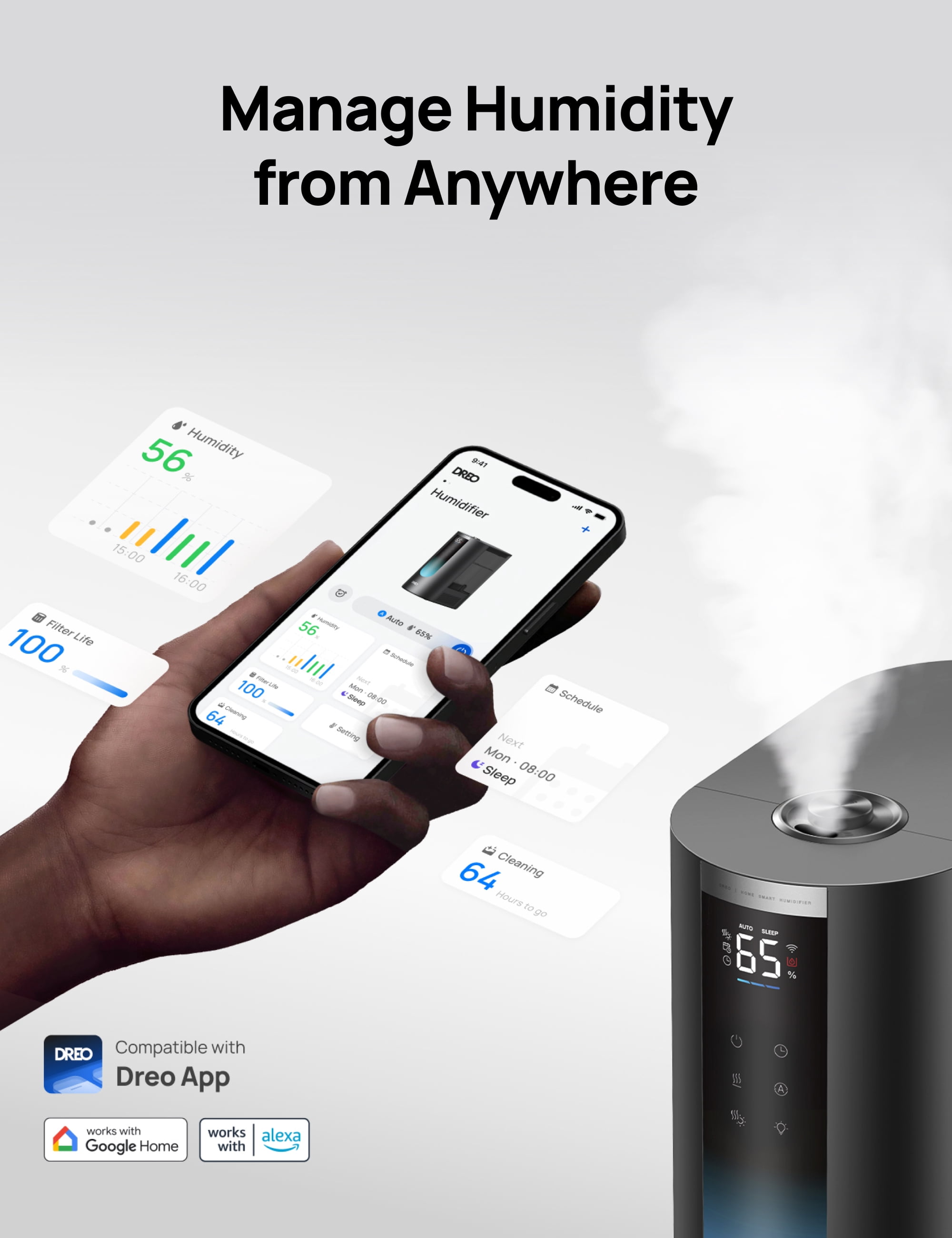 DREO Smart Humidifier Cool/Warm Mist, 1.6 Gallon, 60-Hour Runtime, Fast Warm Mist, Accurate Humidity Sensor, Black