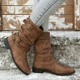 thumbnail image 2 of Leozcaa Women's Fall Fashion Biker Boots Mid Calf Boots for Women Low Heel Leather Round Toe Mid Boots Shoes, 2 of 8