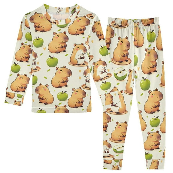 joogoo Capybara Green Apples 2 Piece Long Sleeve Tee and Pants Cotton Pajama Set 5Y
