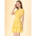 thumbnail image 4 of INSPIRE CHIC Women's Tie Neck Ruched Sleeve Elastic Waist A-Line Double Layers Ruffle Hem Short Dress, 4 of 6