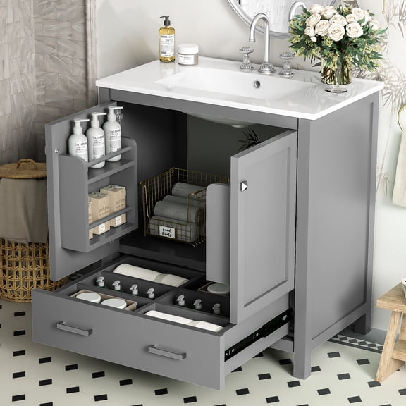 30" Gray Bathroom Sink Vanity, Solid Wood Build, Single Basin, 2 Doors And 1 Drawer Functional Handiness Sideboard Unit, Vanity With Soft Close Doors. 2-door 1 Storage, Refine Object