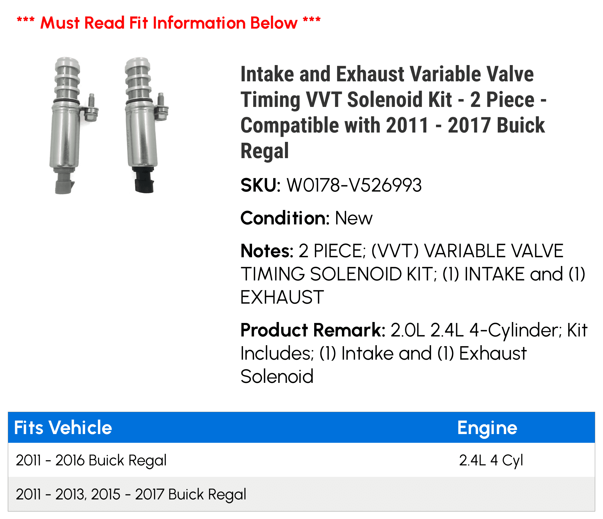 Intake and Exhaust Variable Valve Timing VVT Solenoid Kit - 2 Piece - Compatible with 2011 - 2017 Buick Regal 2012 2013 2014 2015 2016