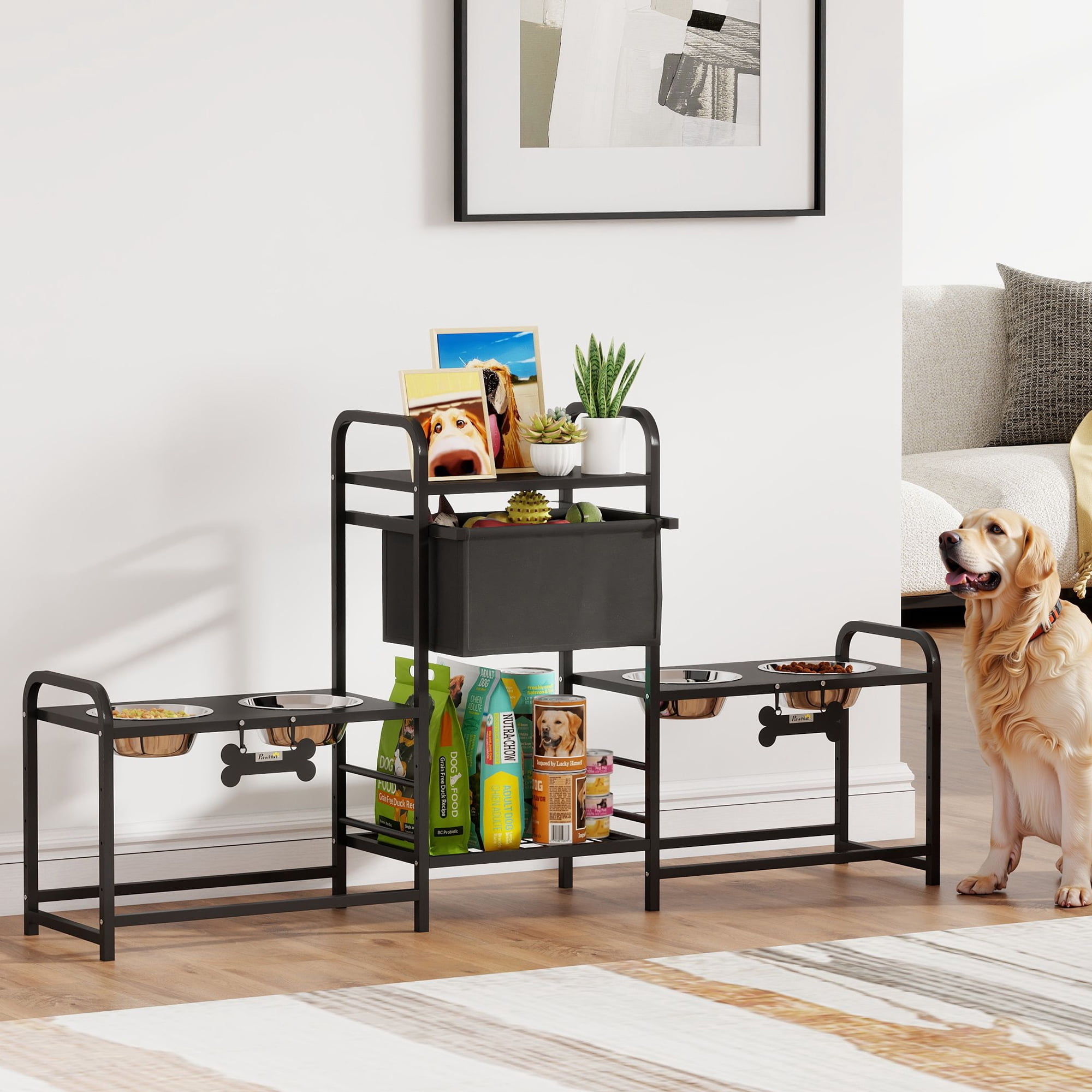PawHut Dog Bowl Stand with 2 Feeding Stations, 3 Height Adjustable Elevated Dog Bowls with Toy Bin Basket, Lifted Food and Water Bowl, Black