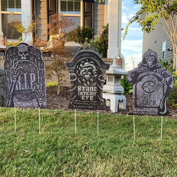 Halloween Decorations Outdoor Graveyard Tombstones: 3P Large Tombstones Halloween Decor Yard Signs with Stakes, RIP Gravestones Yard Lawn for Kids Home Party