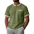 thumbnail image 3 of Cotton Linen Shirts for Men Short Sleeve Collarless Button Henley Shirt Casual Beach Oversized T-Shirts with Pockets,Army Green,S, 3 of 8