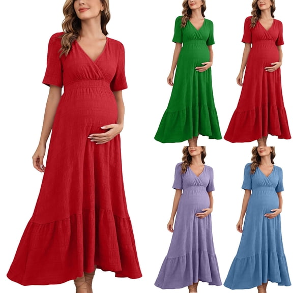 Bixock Maternity Maxi Dress V Neck Short Sleeve High Waist A Line Loose Baby Shower Pregnancy Dresses for Photoshoot Maternity Outfits Summer Clothings