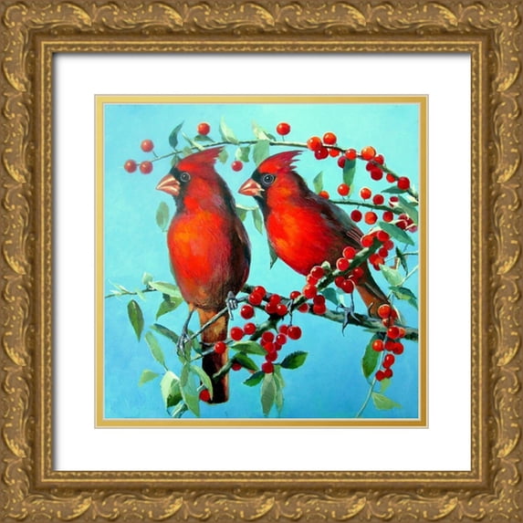 Pautov, Igor 15x15 Gold Ornate Wood Framed with Double Matting Museum Art Print Titled - Red Cardinals