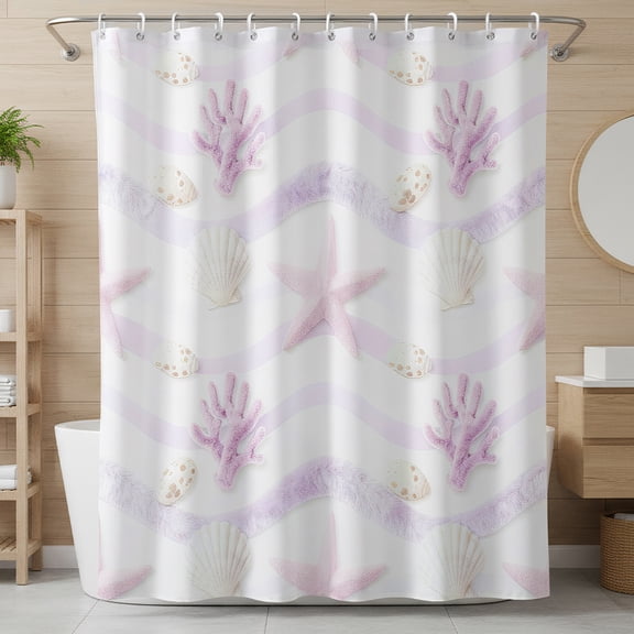 Annvchi Pastel Ocean Shower Curtain 72x72 Inch, Starfish and Seashell Bathroom Curtain with 12 Hooks, Soft Coastal Beach Decor