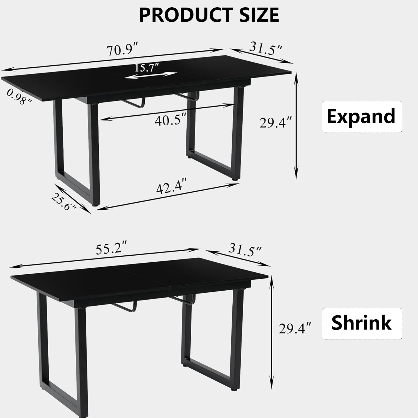 Lecut Extendable Dining Table for 4-8 Person, Extendable from 55" to 71", Modern Rectangle Dining Table with MDF Tabletop and Metal Frame, Expanding Kitchen Table for Home, Office,Black