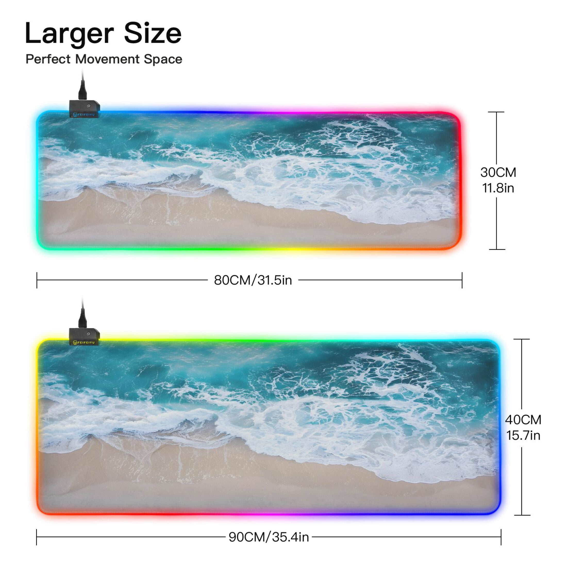 Haosy RGB Led Gaming Mouse Pad Non-Slip Large Keyboard Desk Mat 13 Light Modes 31.5x11.8 inch Beach and Waves