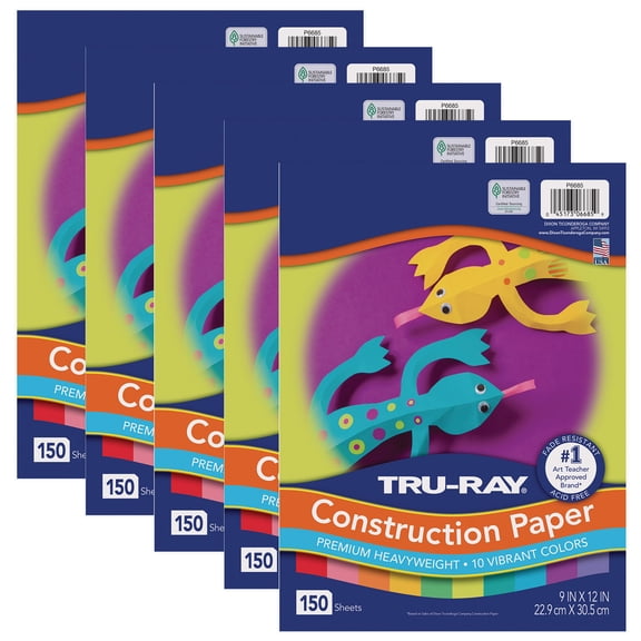 Tru-Ray Construction Paper, Heavyweight, 10 Vibrant Colors, 9" x 12", 150 Sheets Per Pack, 5 Packs