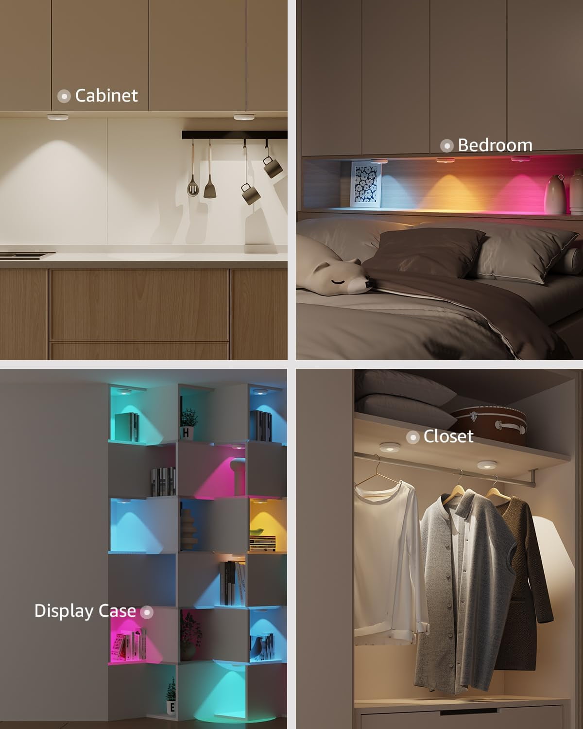Tedmos White Rechargeable Puck Lights with Remote, Battery Powered RGB Color Changing LED Under Cabinet Lighting, Wireless Magnetic Push Tap Touch Light For Shower Bathroom Kitchen Book Shelf Closet