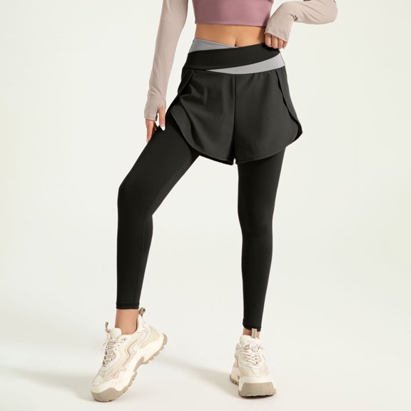Huowey Yoga Pants Women Leggings Slim Fit High Waist Solid Color Fitness Joggings With Wide Leg Shorts Casual Breathable Running Sport Lightweight Cozy Trousers,Black,L