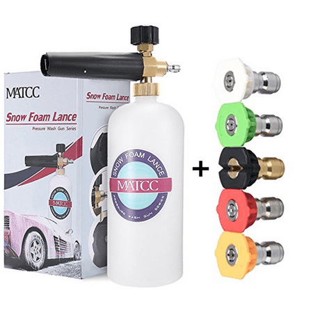 MATCC Adjustable Foam Cannon Snow Lance Foam 33 fl. oz (1Liter) Bottle with 1/4'' Quick Connector, 5 Pressure Washer Nozzles for