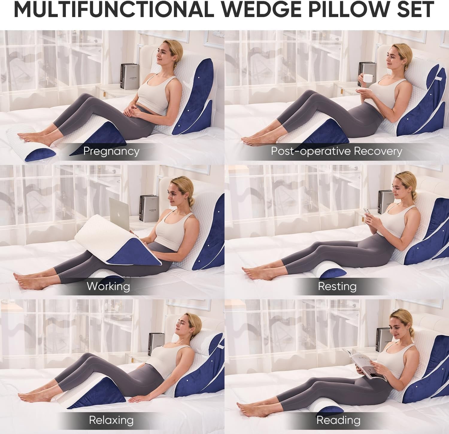 4 PCS Wedge Pillow Set for After Surgery, Memory Foam Orthopedic Bed Wedge Pillow Set, Adjustable Bed for Sleeping, Acid Reflux Relief, Post Surgery Recovery, Back Support, Leg Elevation, Blue