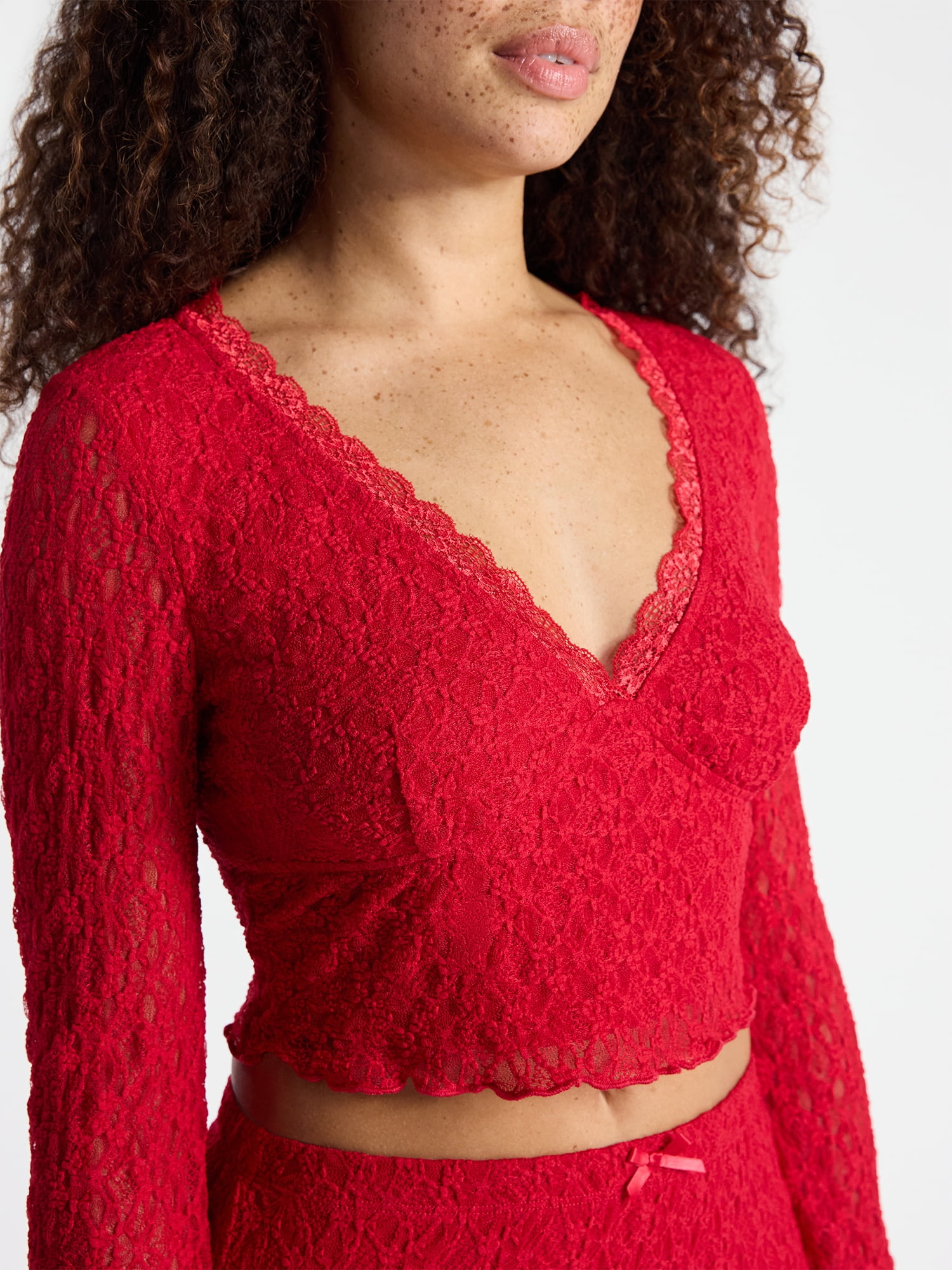 No Boundaries Lace Long Sleeve Crop Top and Midi Skirt Set, 2-Piece, Women’s