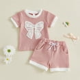 thumbnail image 1 of Conjuntos de blusas y camisas de cuello redondo y manga corta a la moda para niñas de verano, conjuntos casuales de blusa de poliéster con cuello redondo y pantalones cortos abotonados para niños., 1 of 6
