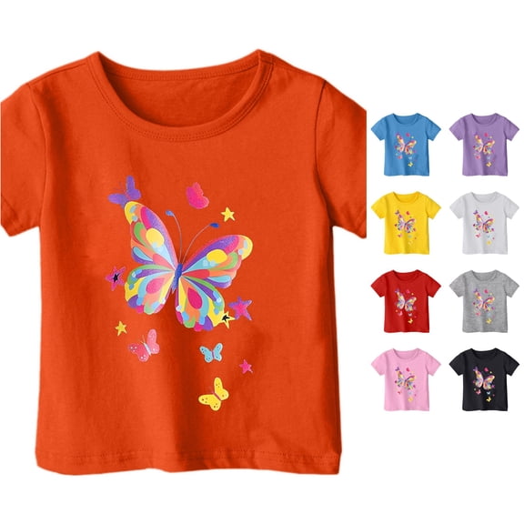 WAYUTE T Shirts for Girls Round Neck Short Sleeve Butterflies Graphic Tees Shirt for Toddler Kids Versatile Trendy Summer Outdoor Casual Tshirts,Orange