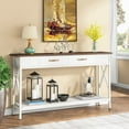 Tribesigns 70.9 inch Walnut White Sofa Table with 2 Drawers, Metal Legs