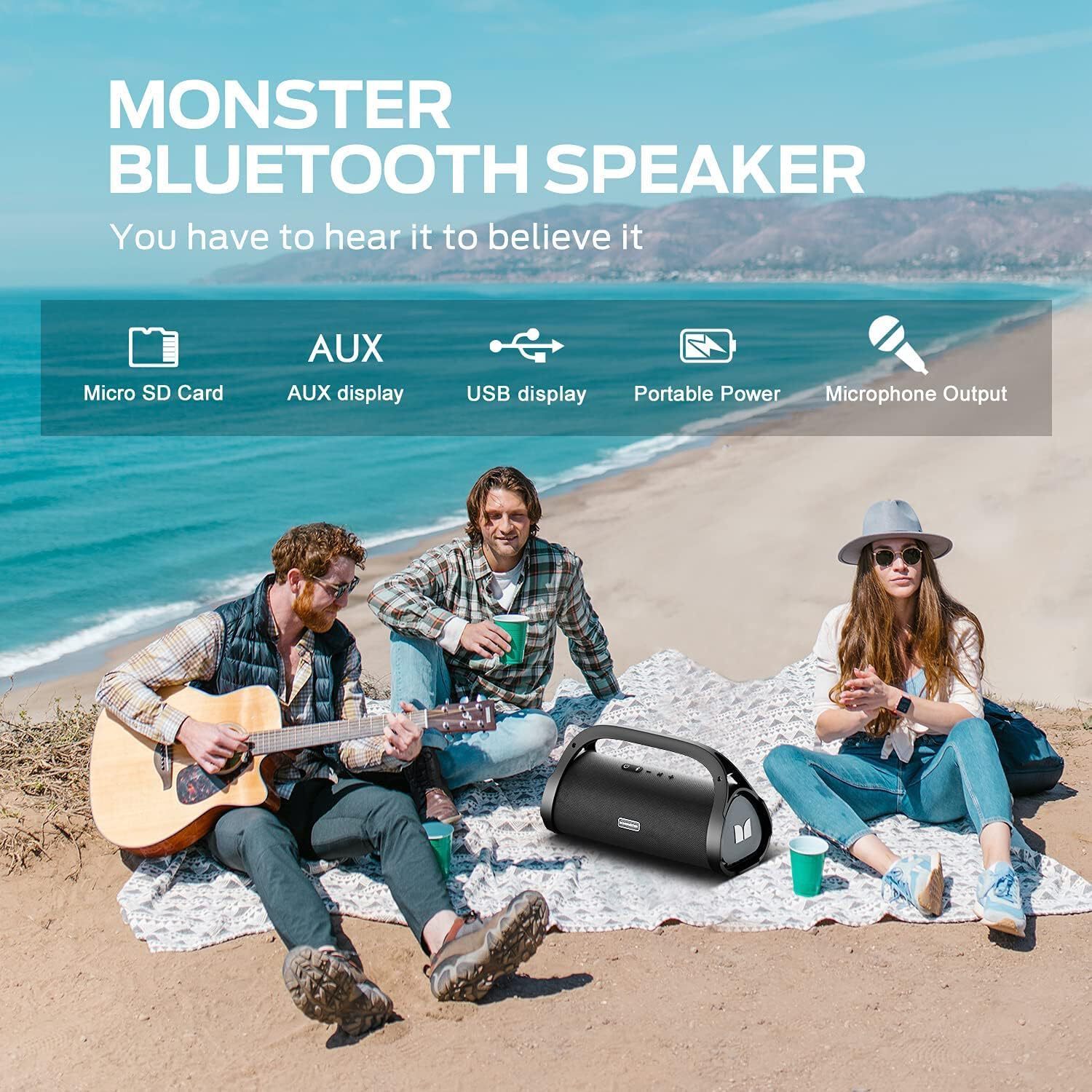 Monster Adventurer Max Boombox Bluetooth Speaker, 100W Sound, Dual Subwoofers, IPX7 Waterproof for Home, Parties, Beach