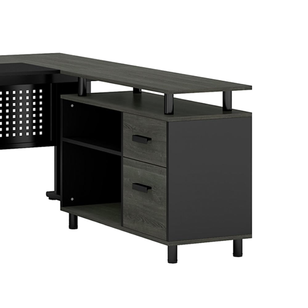 Barara King Home Office Desk, Computer Desk,Industrial L-Shaped Desk, 63" Computer Executive Desk with File Cabinet, Gray & Black