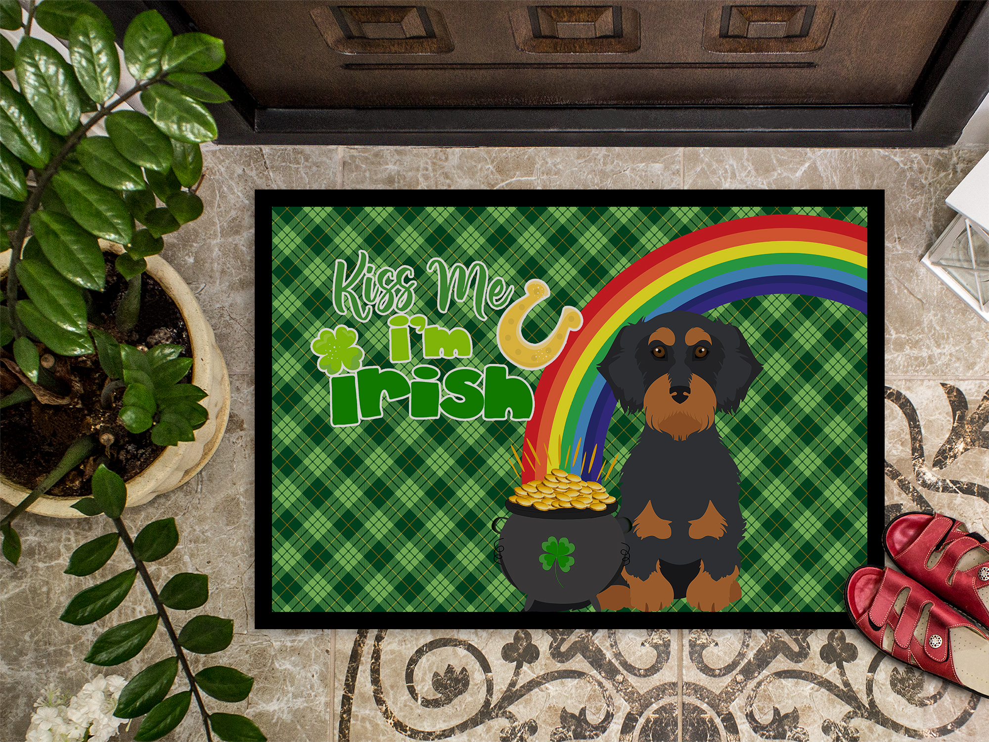 Wirehair Black and Tan Dachshund St. Patrick's Day Indoor or Outdoor Mat 24x36 36 in x 24 in