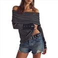 thumbnail image 2 of Jersey de Punto Y2K para Mujer, con Hombros Descubiertos, A Rayas y Larga Negro L, 2 of 8