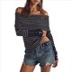 thumbnail image 2 of Jersey de Punto Y2K para Mujer, con Hombros Descubiertos, A Rayas y Larga Negro L, 2 of 8