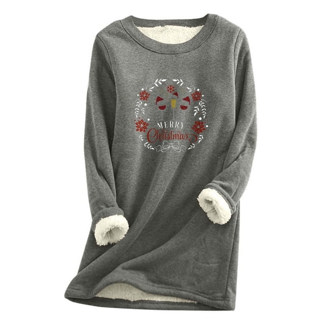 LSLJS Thermal Tops for Women, Women's Impression de Noël Col Rond Épais Peluche Chaude Manches Longues Tops