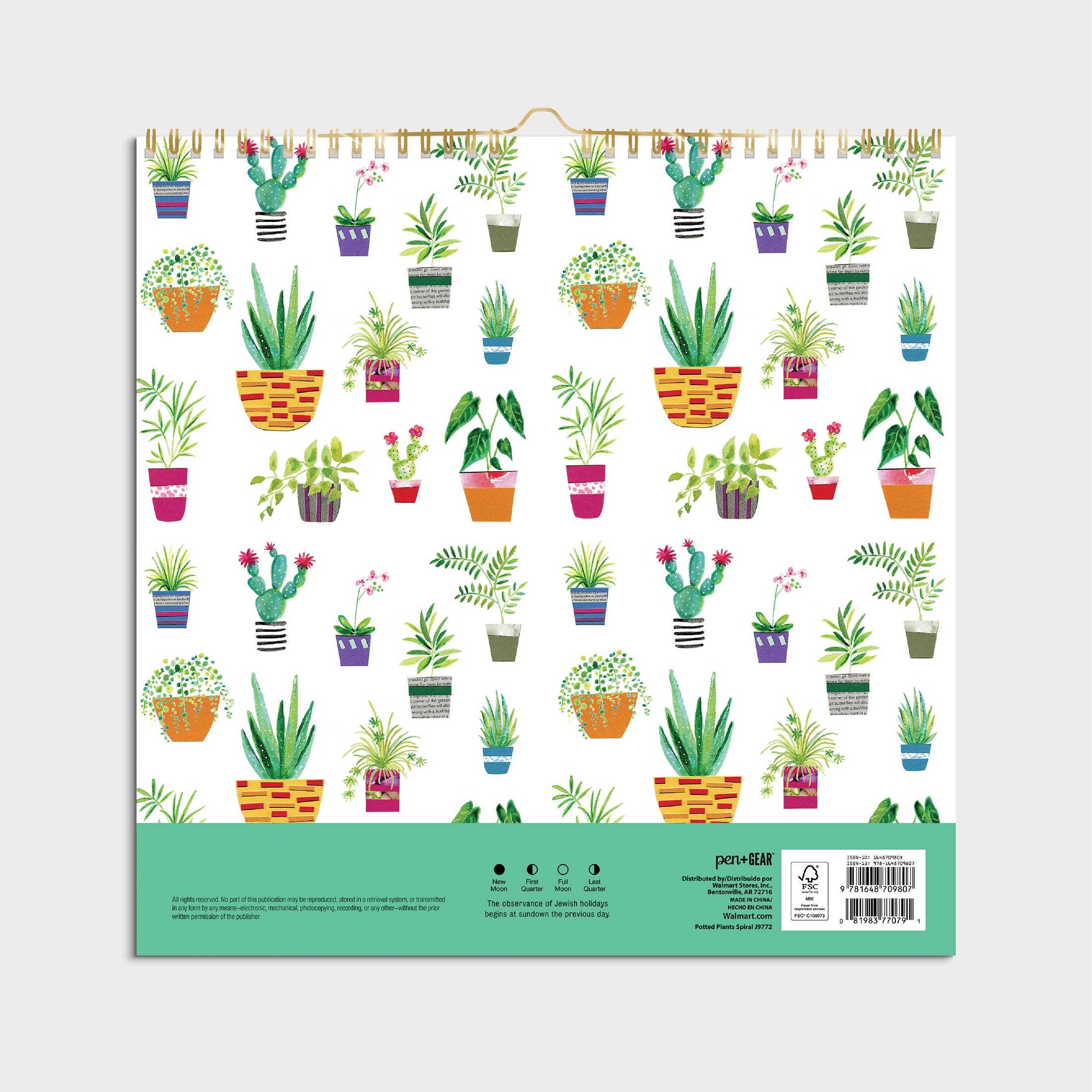 2023-12 Month Calendar- Succulents Border-12x12 Spiral bound- by Pen + Gear