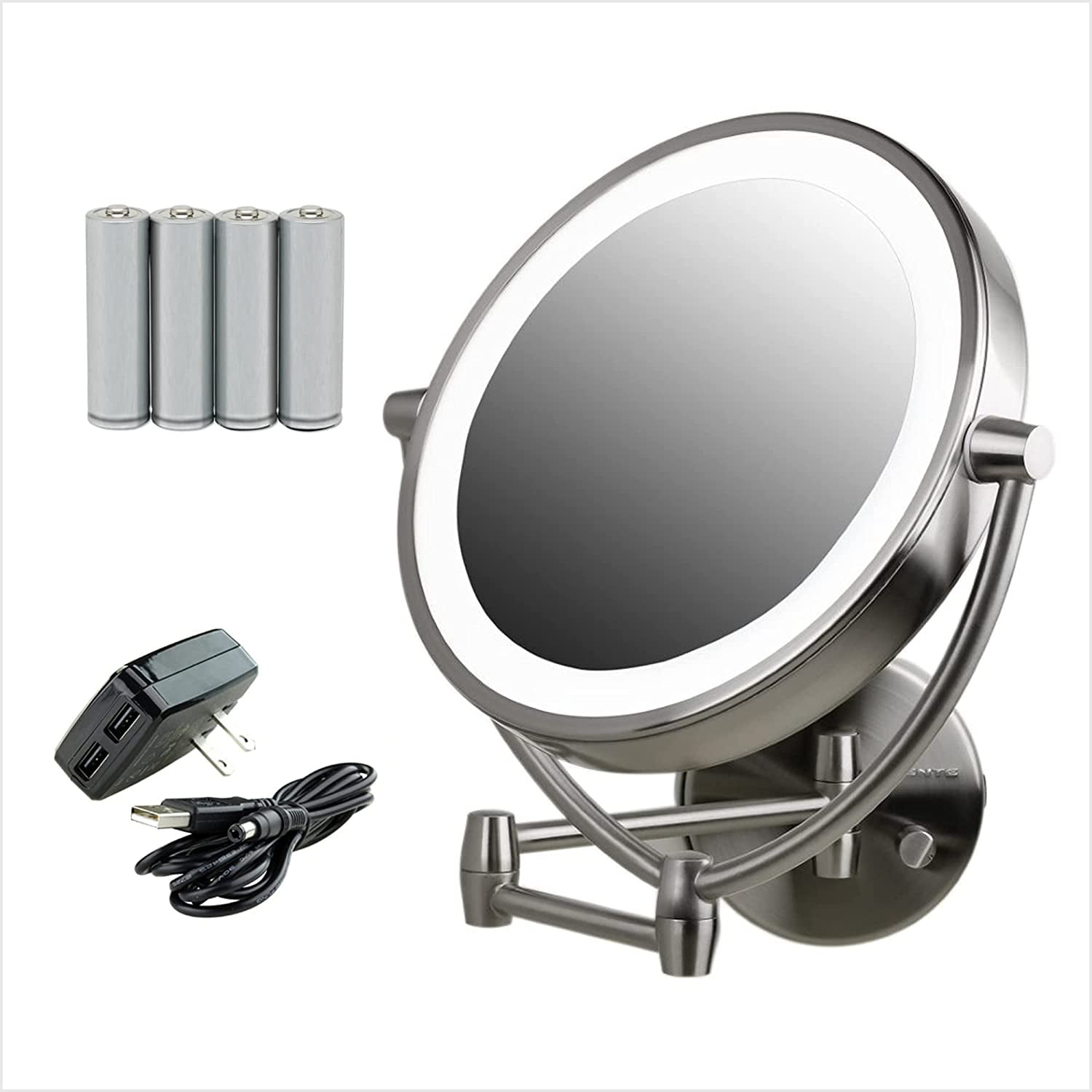 Ovente 9" Lighted Wall Mount Makeup Mirror, 1X & 7X Magnifier, Spinning