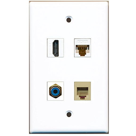 RiteAV - 1 Port HDMI 1 Port RCA Blue 1 Port Phone RJ11 RJ12 Beige 1 Port Cat6 Ethernet White Wall Plate
