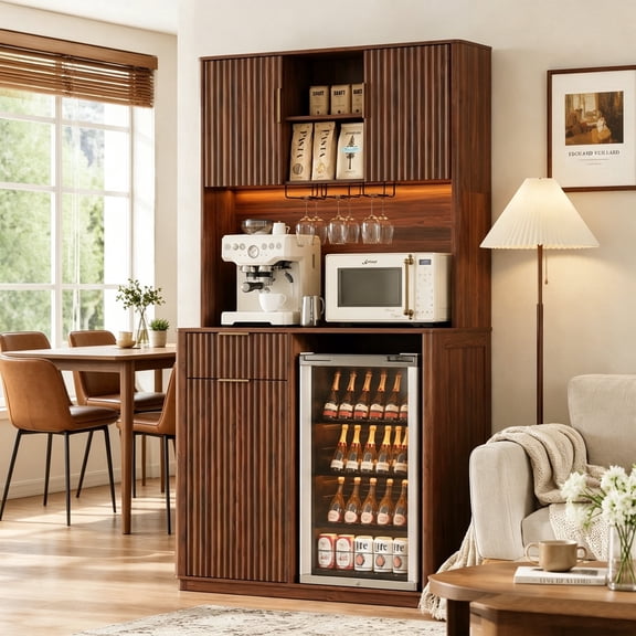 HMstone 74''Tall Coffee Bar Cabinet with Mini Fridge Space, Fluted Coffee Liquor Hutch with Storage, Power Outlet, Wine Bar Cabinet with LED Light, Pantry Cabinet for Kitchen, Living Room, Walnut