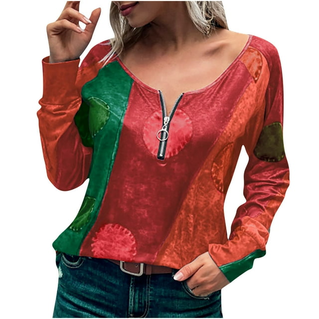 Pompotops Mode Femmes Casual en Vrac Pull à Manches Longues Impression Fermeture Éclair Col Rond Tees Tops