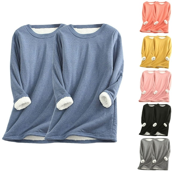 Feancey 2 Pack Women Crewneck Sweatshirt Winter Plus Size Fleece Lined Pajama Tops Solid Color Casual Long Sleeve Thermal Pullover Black 4XL