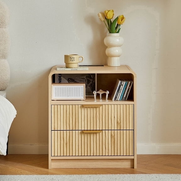 2-Drawer Fluted Nightstand with Scalloped Edges, Built-in Outlet & Cable Management – Bedside Table for Bedroom