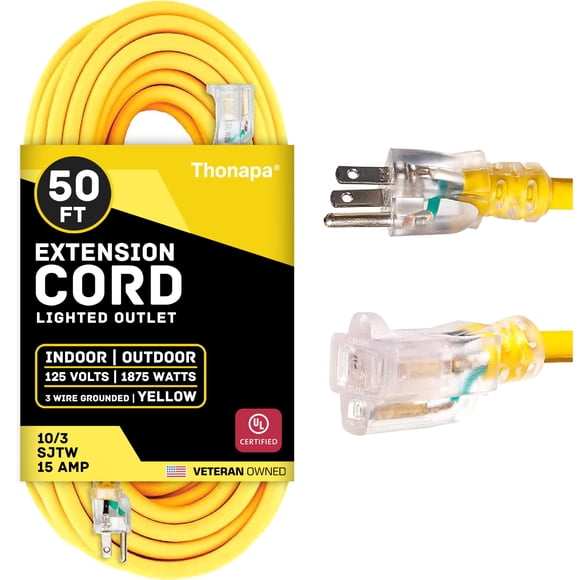Thonapa 10 Gauge Extension Cord 50 ft, Weatherproof Heavy Duty Outdoor Extension Cord 10 AWG 50’, SJTW 3 Prong Lighted Plug 10/3 Yellow Cable 15 Amp, Great for Major Appliances & Garden Tools