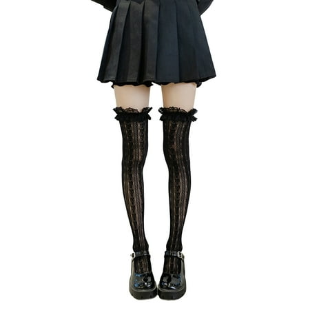 

Women Y2K Over Knee Stockings Kawaii Lolita See Through Lace Mesh Ruffled Socks