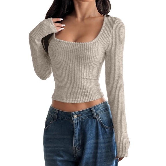 Holzkary Long Sleeve Crop Tops for Women Square Neck Ribbed Slim Fit Y2K Trendy Teen Girls Cloths Rib Knit Cropped Tee Square Neck T Shirts Neck Ribbed Knit Casual Tops Tee Slim Basic Shirts Beige L
