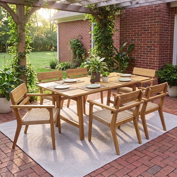 Christopher Knight Home 7-Piece Extendable Patio Dining Set, Wood Table with Wicker Chairs, Teak