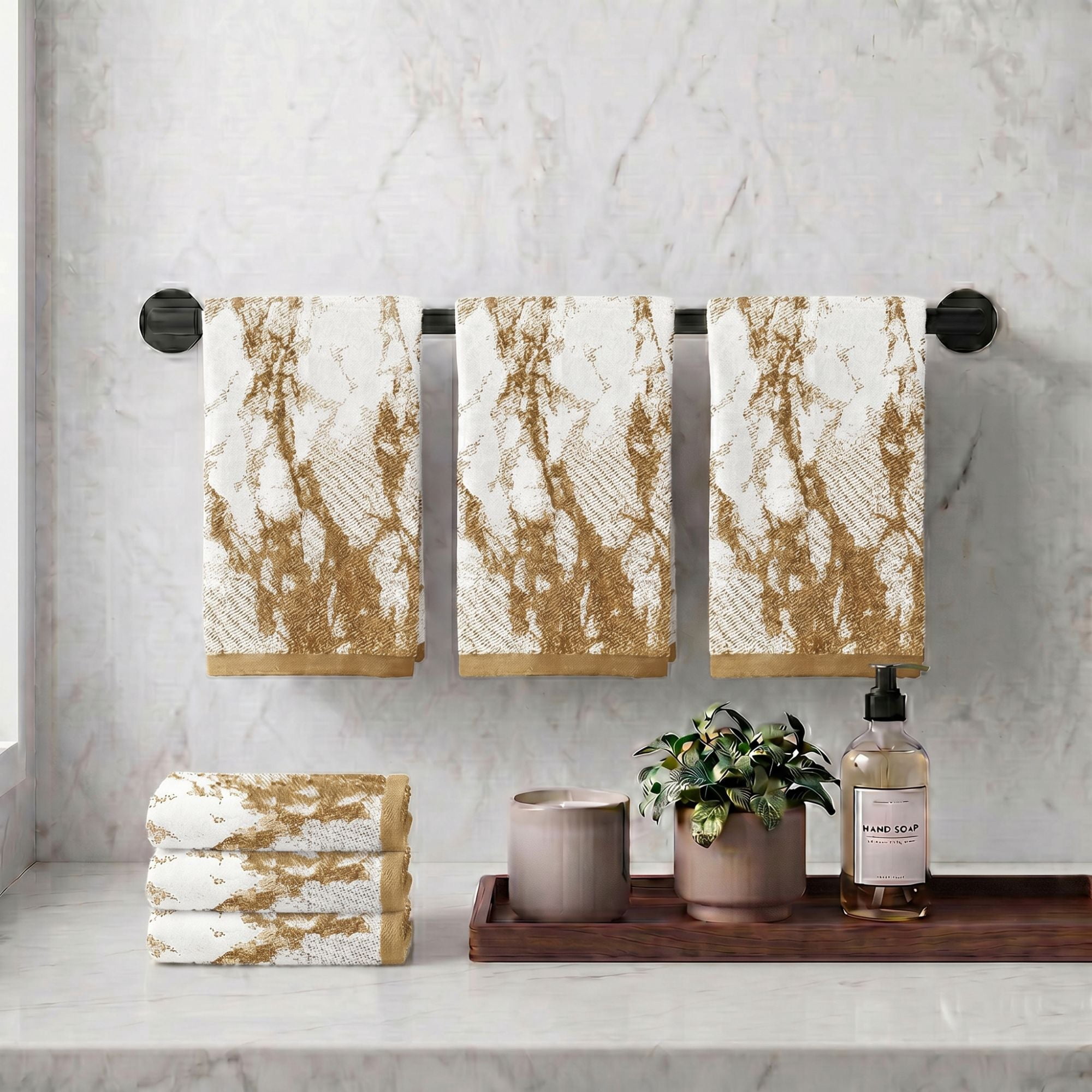 Superior Marble Pattern Cotton 6-Piece Hand Towel Set, 6-Pack, Bronze