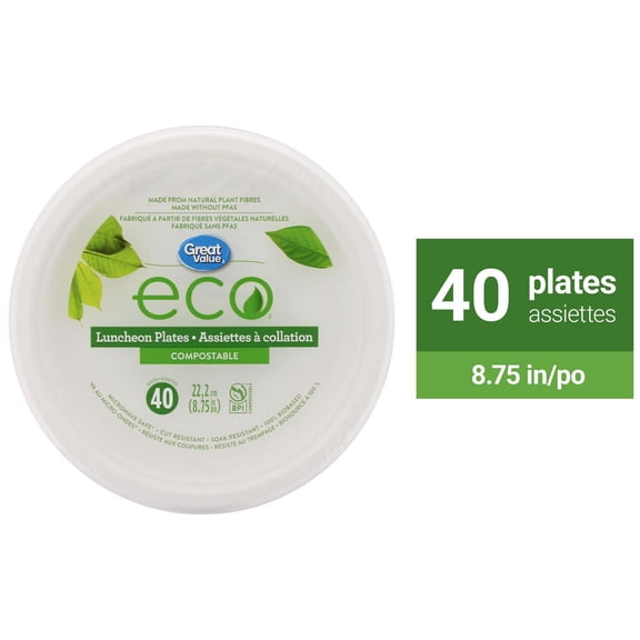 Great Value Eco Assiettes à Collation Compostables, 40 Assiettes
