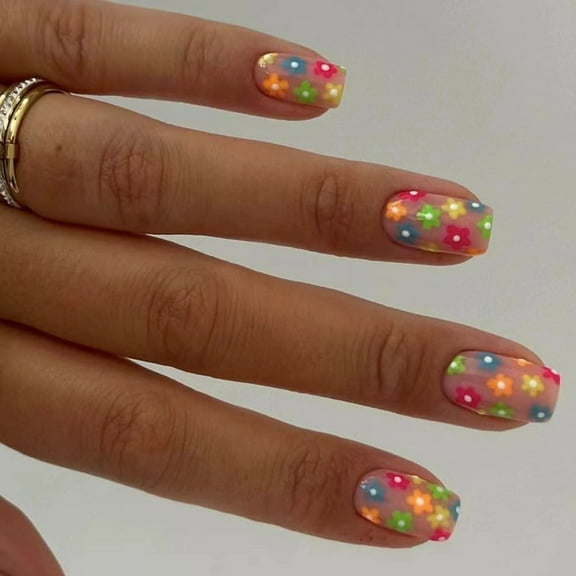 Square Press On Nails Flower Fake Nails Glues On Nails Artificial Acrylic Nails 12 Size 24pcs On Nails for Womens