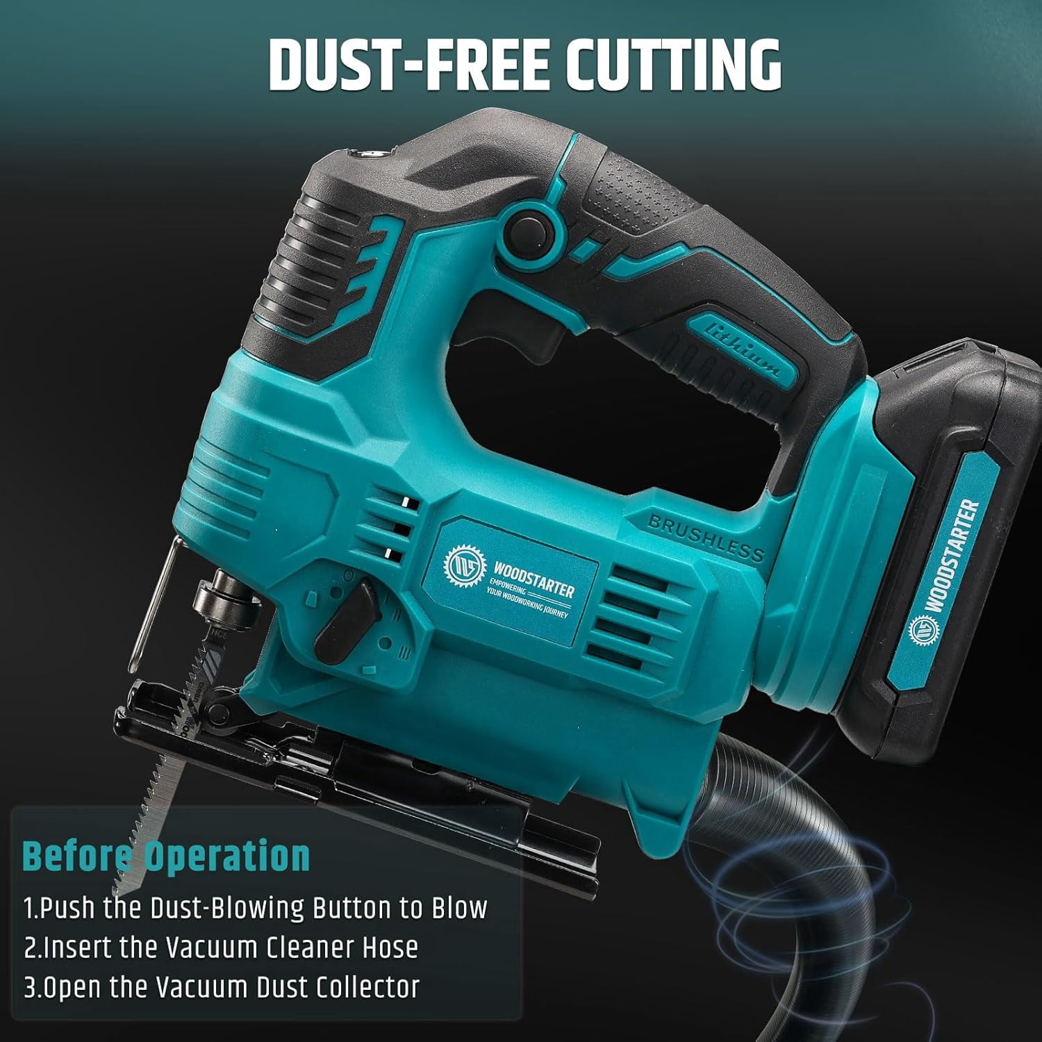 WOODSTARTER Cordless Jig Saw with Brushless Motor, 3 Adjustable Speed Settings, 45°-90° Cutting Angle, Compatible with T-Shaped Blades, Includes Dust Blowing Feature (Tool Only)